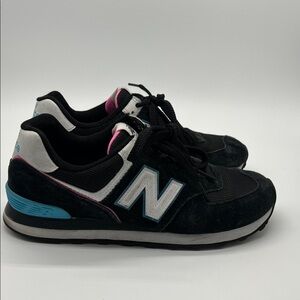 New Balance Womens 574 Sneaker Shoe 9.5 Black Teal Pink Night Sky Suede Upper